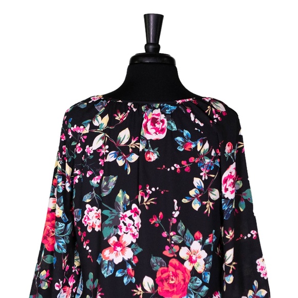 Express Women's Blouse Floral 3/4 Sleeve Keyhole Colorful Artsy Crop Top Small - Picture 7 of 10